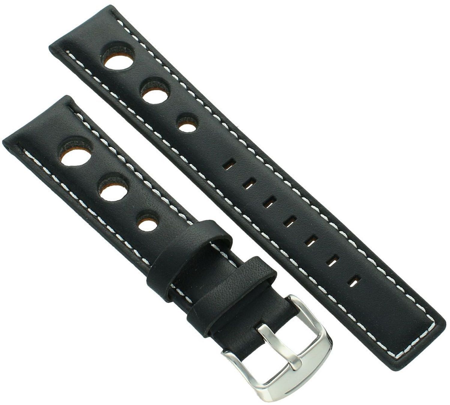 Skórzany pasek do zegarka Pacific 20 mm – czarny z białym przeszyciem, srebrna stalowa sprzączka, elegancki design i wysoka jakość wykonania..jpg